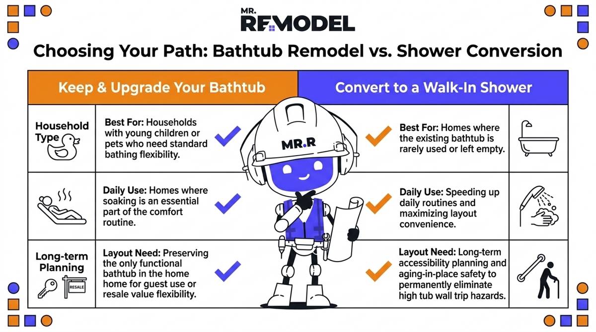 A 2026 household planning matrix infographic contrasting the practical reasons to keep a bathtub (family and guest use) with the benefits of a shower conversion (easier daily access and modern layouts).